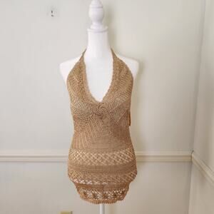 Kroshetta Tank Top Sz Medium Womens Crochet Gold Crochet Boho Fairy Halter Shirt